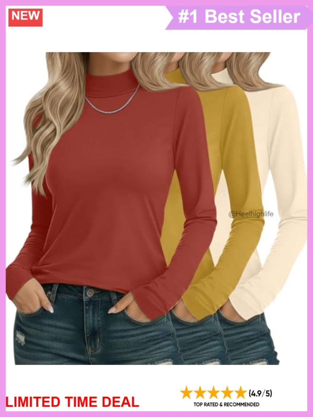 3 Pack Women's Cotton Mock Turtleneck Long Sleeve Tops Shirts